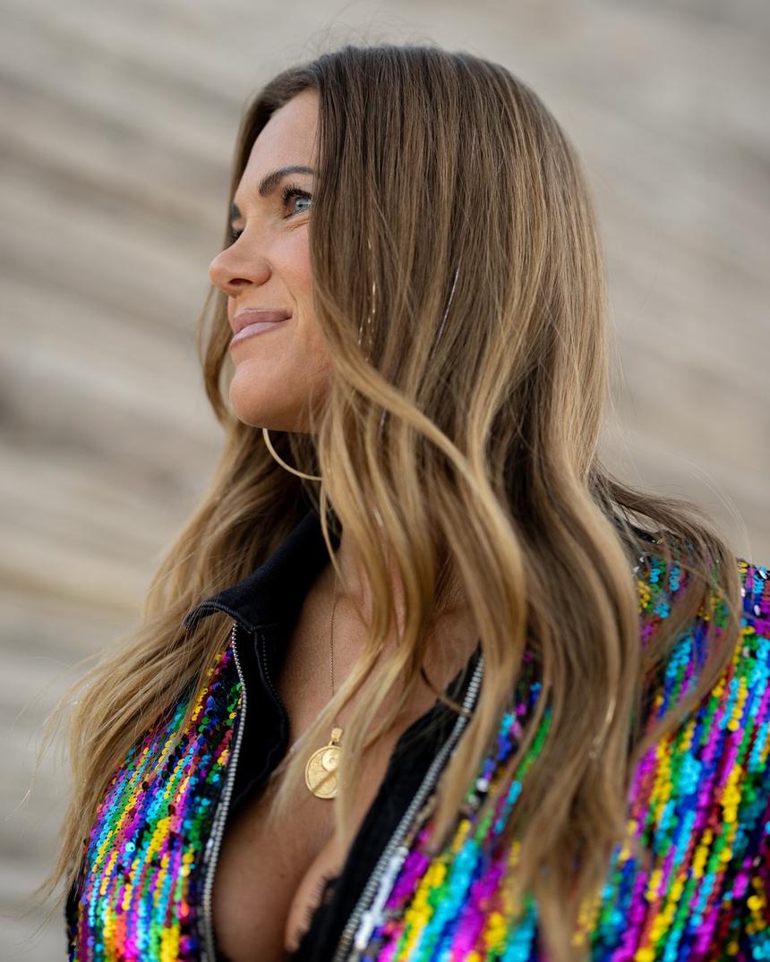 Megan, wearing her own sparkle strands